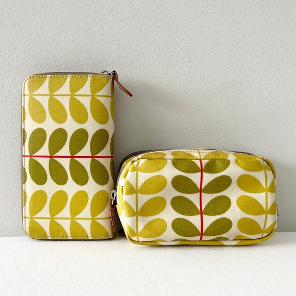 ORLA KIELY Wallet & Makeup Bag Forget Me Not Retro Yellow Red Stem Leaf 2 Piece - Picture 1 of 10
